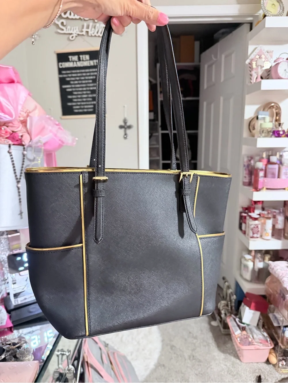 Michael Kors Black Saffiano Leather Tote with Gold Accents
